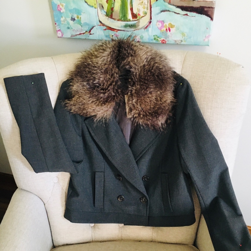 Ann Taylor Gray Faux Fur Detachable Collar Jacket